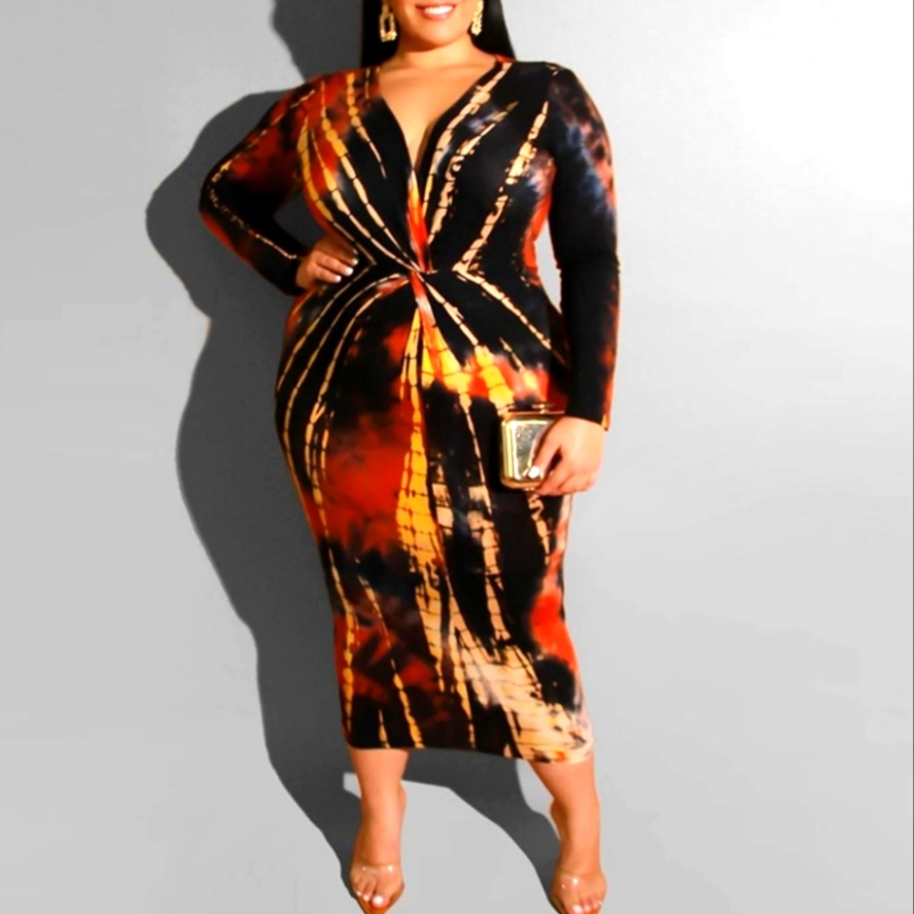 Long sleeve tye-dye Bodycon Dress V neck